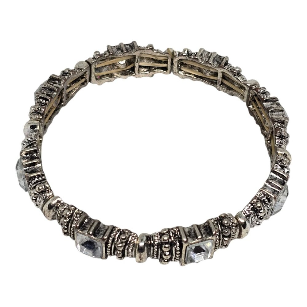 Vintage Silver Tone Stretch Bracelet Clear Rhinestone Crystal Square Ornate - Picture 9 of 10